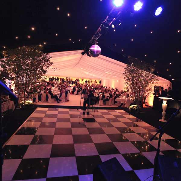 Dance floor in wedding marquee at Bodysgallen Hall