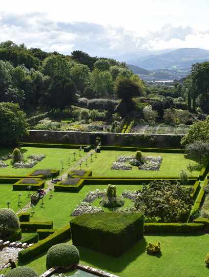 View across gardens to Snowdonia at Bodysgallen Hall View across gardens to Snowdonia at Bodysgallen Hall