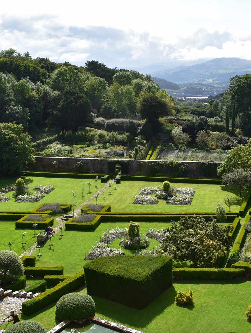 View across gardens to Snowdonia at Bodysgallen Hall View across gardens to Snowdonia at Bodysgallen Hall