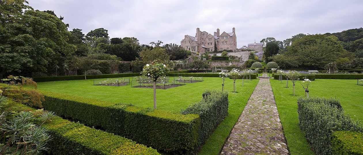 Bodysgallen Hall from across walled rose garden