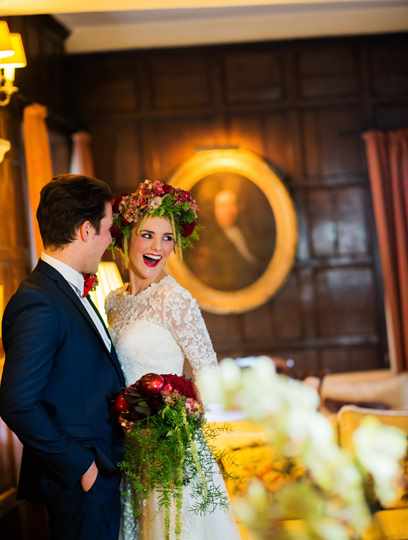 Bridal couple in Drawing Room at Bodysgallen Hall