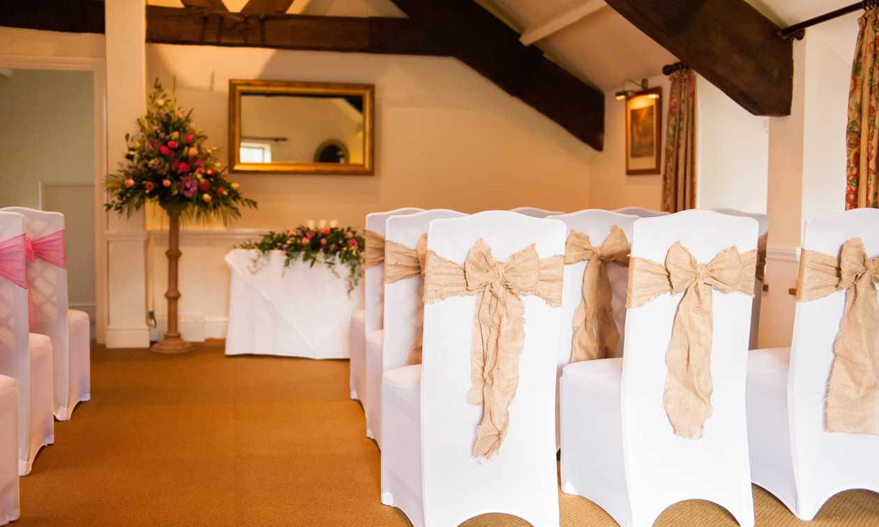 Upper Wynn Room set up for wedding ceremony at Bodysgallen Hall