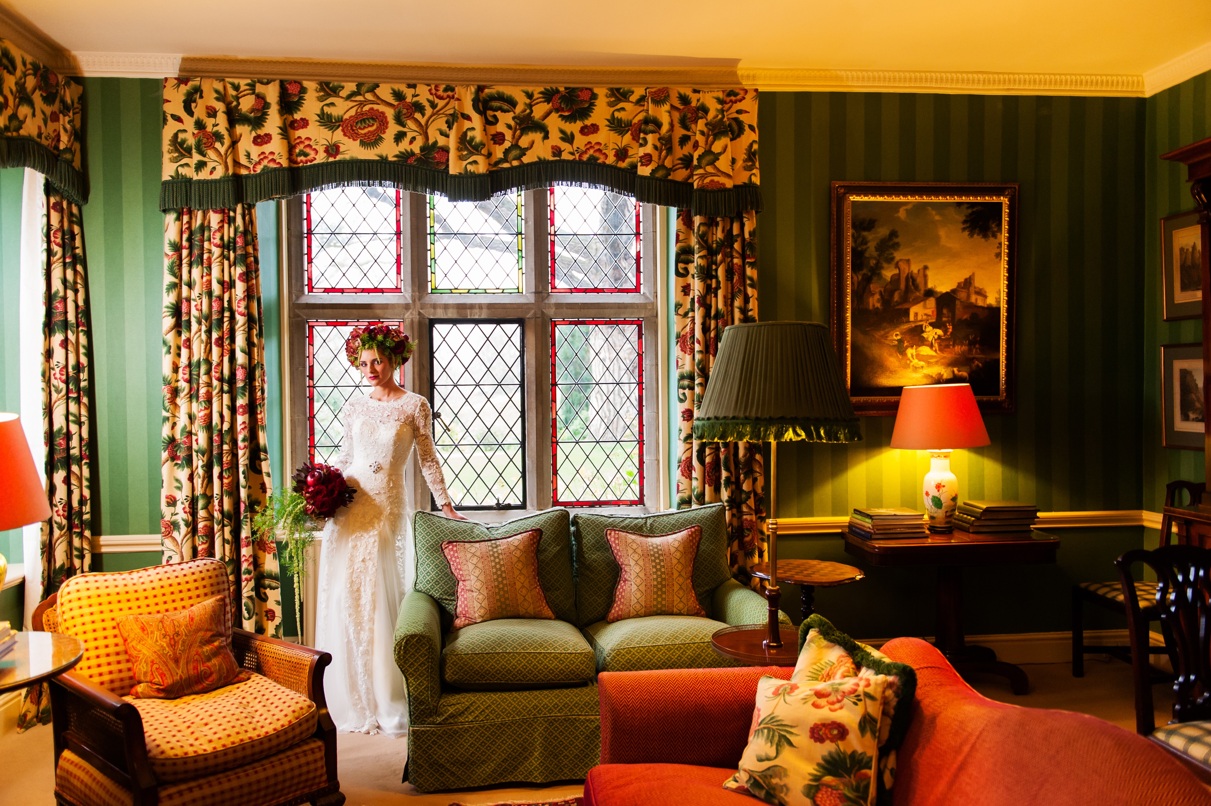 Bride in the Library at Bodysgallen Hall