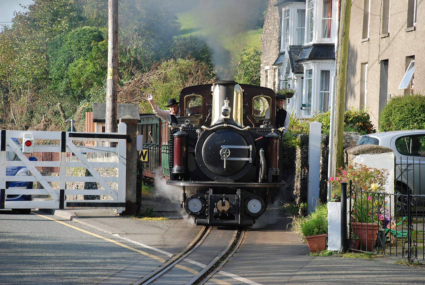 Ffestiniog Welsh Highland train at crossing