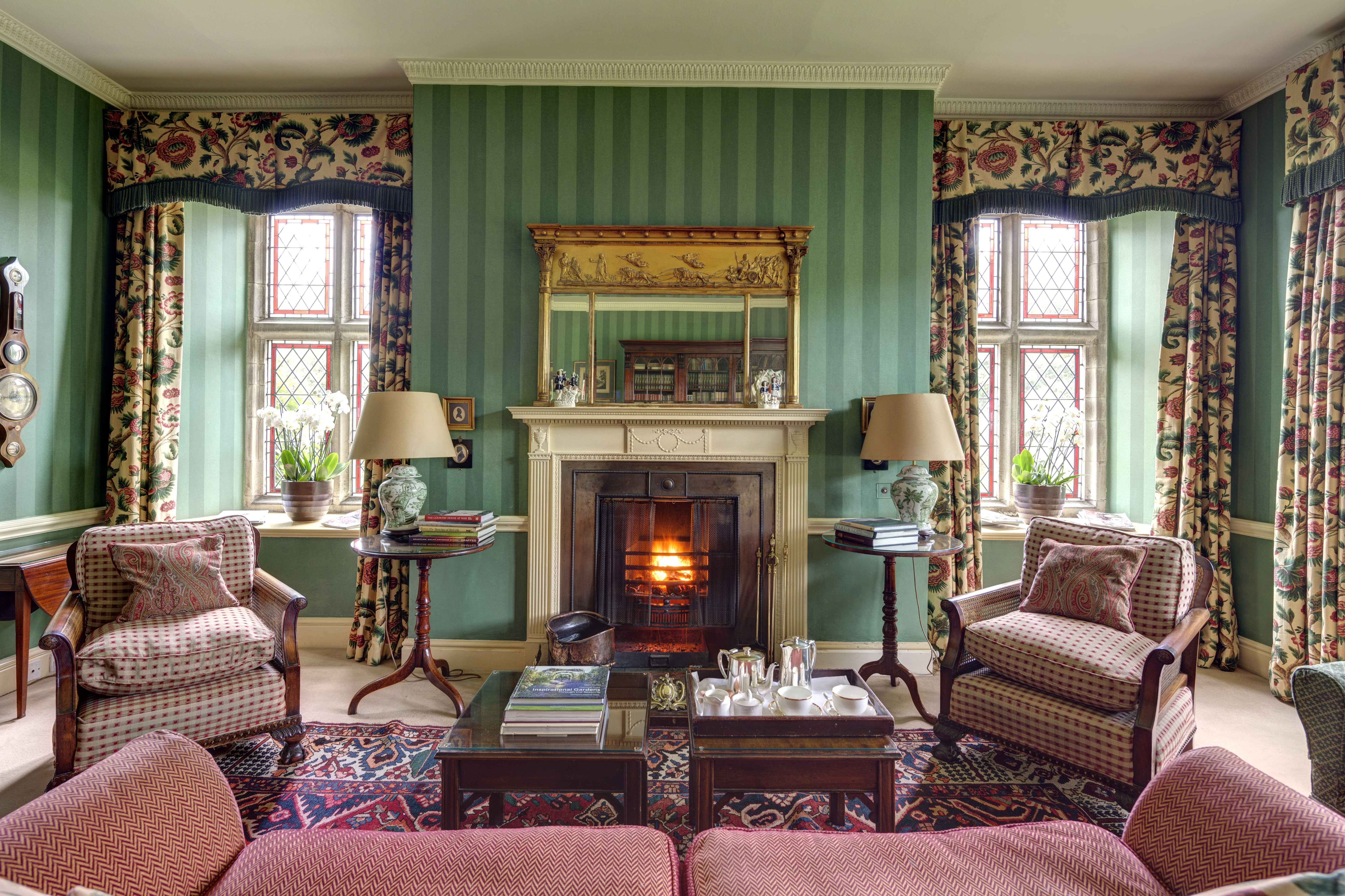 The Library with fire lit at Bodysgallen Hall