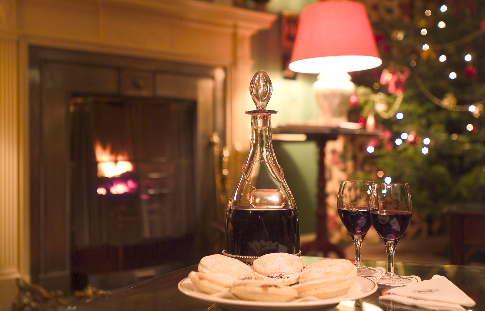 Christmas port and mince pies in Library at Bodysgallen Hall
