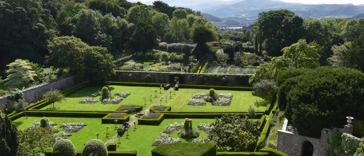 View across gardens to Snowdonia at Bodysgallen Hall View across gardens to Snowdonia at Bodysgallen Hall