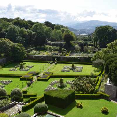 View across gardens to Snowdonia at Bodysgallen Hall