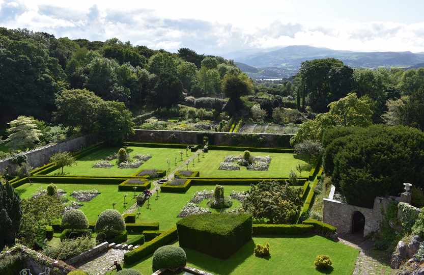 View across gardens to Snowdonia at Bodysgallen Hall