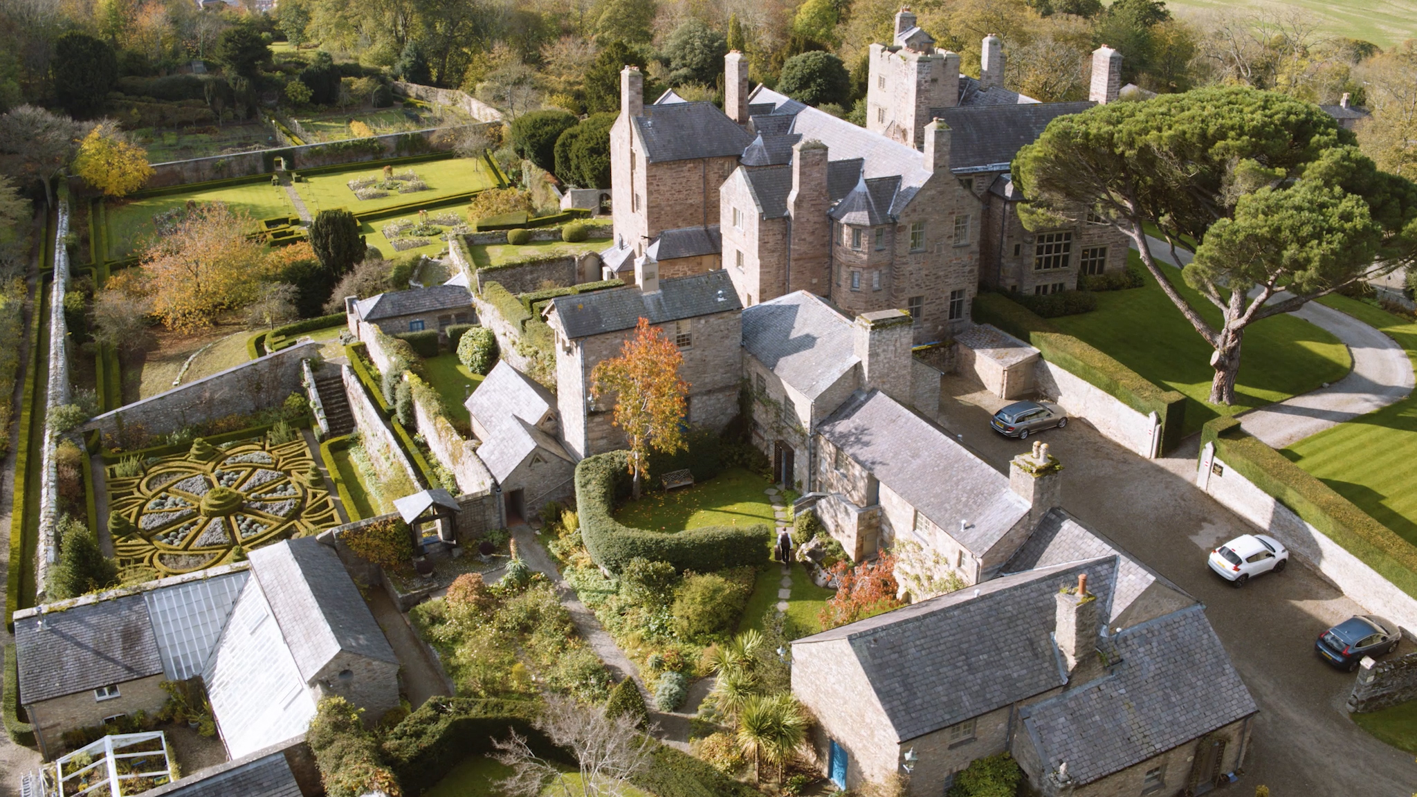 Aerial view of Bodysgallen Hall and east garden